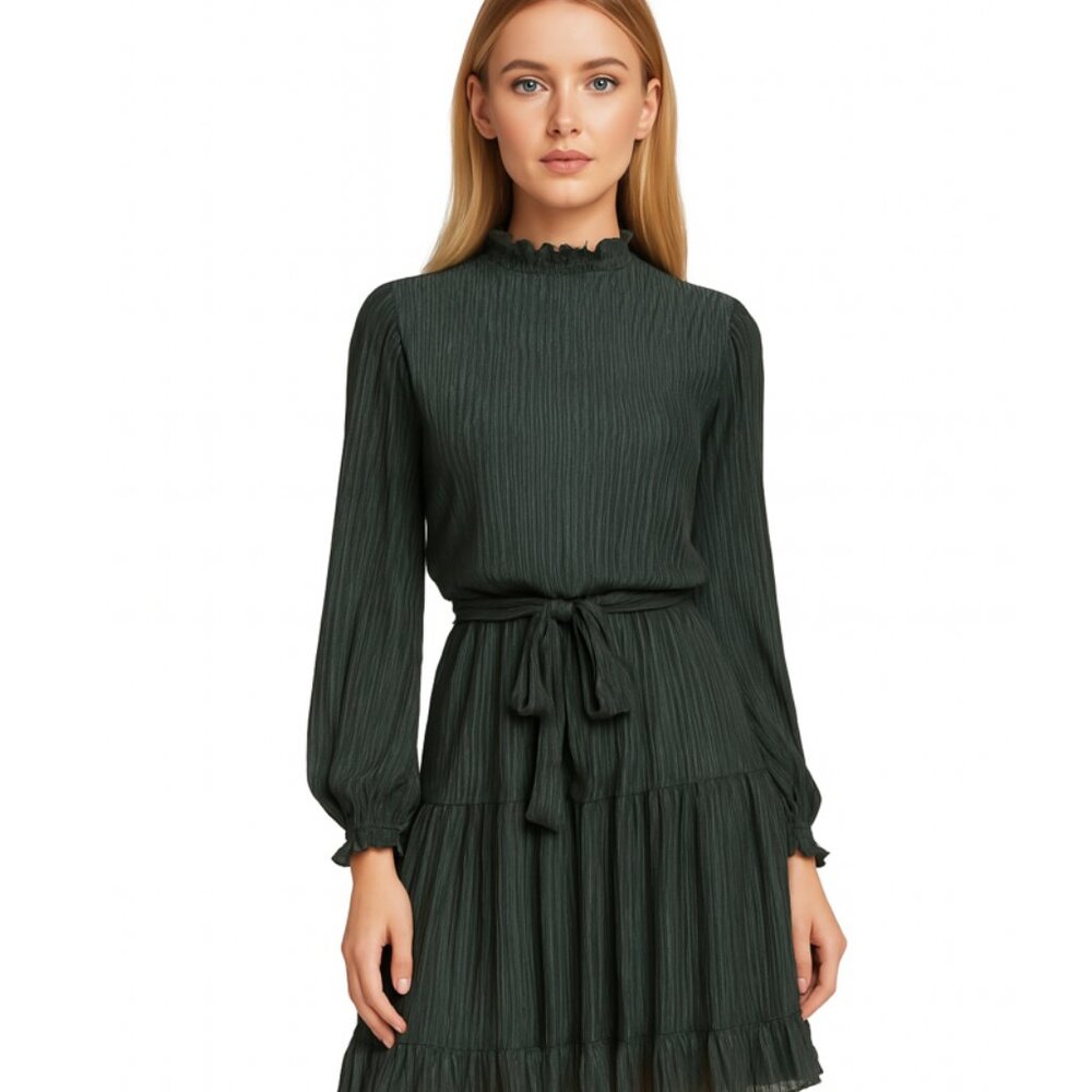 She + Sky Dark Green Long Sleeve Ruffled Neck Dress